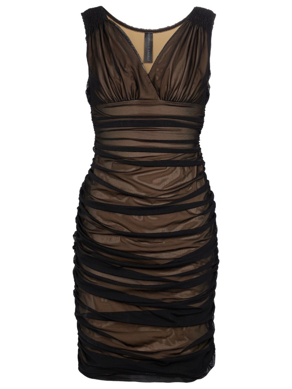 Norma Kamali Tara Ruched Mesh Midi Dress Black Nude Lined | Size XL 42